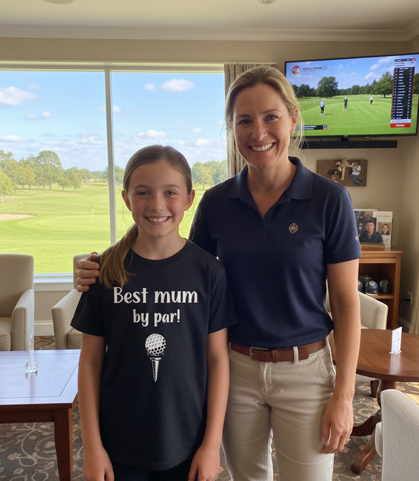 Two women standing in a room with a golf course view, one wearing a Cows Corner t-shirt with a funny and sweet golf slogan on the front that reads 'Best mum by par'.  Cows Corner gifts are perfect for sport-mad fans, these gifts work brilliantly for birthdays, new baby celebrations, Father’s Day, Mother’s Day, Christmas, anniversaries, thank you gifts, end-of-season team awards, graduations, retirements, and just-because moments when you want to raise a smile. 

