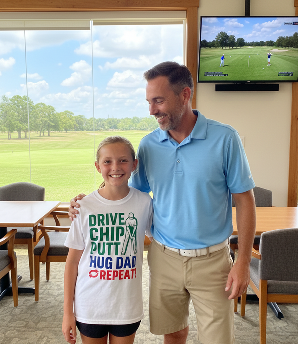 Man and young girl standing together in a room with a golf simulator in the background. The girl is wearing a Cows Corner t-shirt with the funny and sweet golf saying on the front that reads 'Drive Chip Putt Hug Dad Repeat!'  Cows Corner gifts are perfect for sport-mad fans, these gifts work brilliantly for birthdays, new baby celebrations, Father’s Day, Mother’s Day, Christmas, anniversaries, thank you gifts, end-of-season team awards, graduations, retirements, and just-because moments 