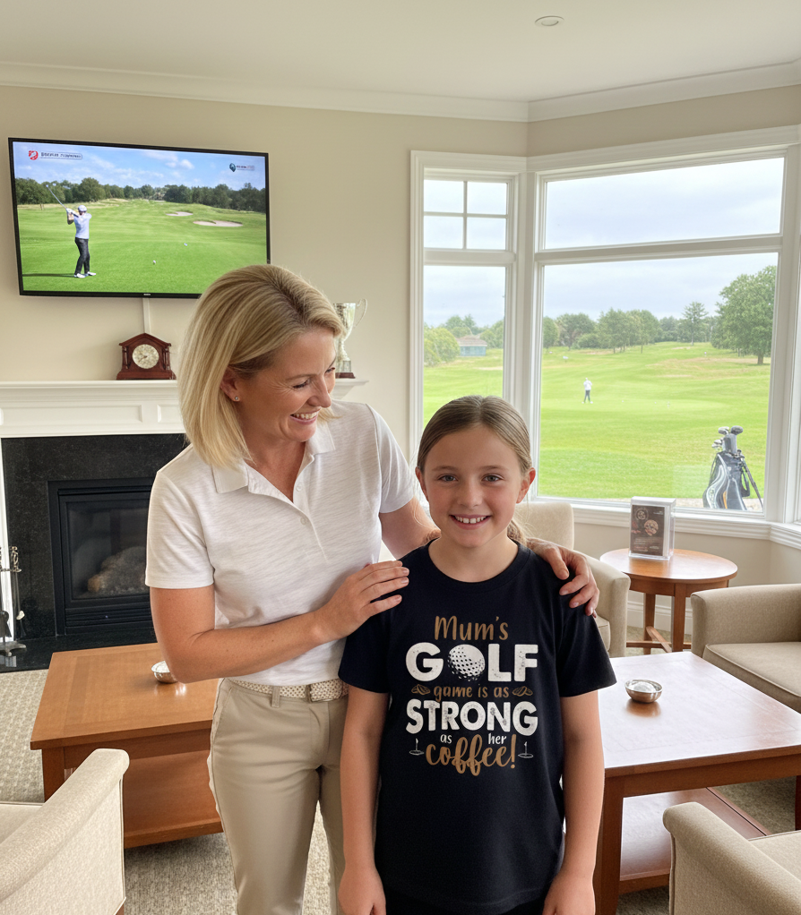 Woman and young girl in a living room with a TV showing golf, a fireplace, and a window view of a golf course. The girl is wearing a Cows Corner t-shirt with the funny and sweet golf saying that reads on the front 'Mum’s Golf Game Is As Strong as Her Coffee!'. Cows Corner gifts are perfect for sport-mad fans, these gifts work brilliantly for birthdays, new baby celebrations, Father’s Day, Mother’s Day, Christmas, anniversaries, thank you gifts, end-of-season team awards, graduations, retirements