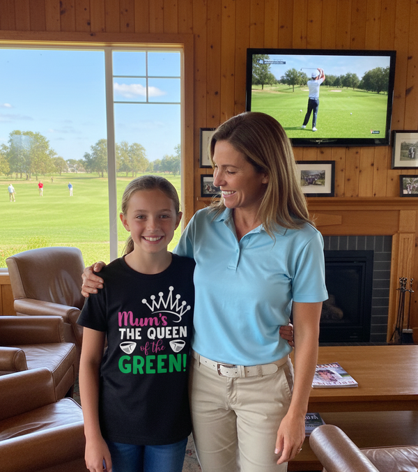 Woman and young girl standing in a living room with a TV showing golf on the wall. The girl is wearing a Cows Corner t-shirt with the funny and sweet golf saying on the front that reads 'Mum’s the Queen of the Green'. Cows Corner gifts are perfect for sport-mad fans, these gifts work brilliantly for birthdays, new baby celebrations, Father’s Day, Mother’s Day, Christmas, anniversaries, thank you gifts, end-of-season team awards, graduations, retirements, and just-because moments when you want to smile.