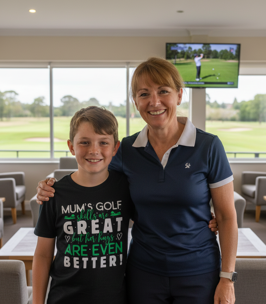 Woman and young boy standing together in a room with a golf simulator in the background. The boy is wearing a Cows Corner t-shirt with the funny and sweet golf saying on the front that reads 'Mums Golf Skills Are Great but Her Hugs Are Even Better'.  Cows Corner gifts are perfect for sport-mad fans, these gifts work brilliantly for birthdays, new baby celebrations, Father’s Day, Mother’s Day, Christmas, anniversaries, thank you gifts, end-of-season team awards, graduations, retirements, and just-because