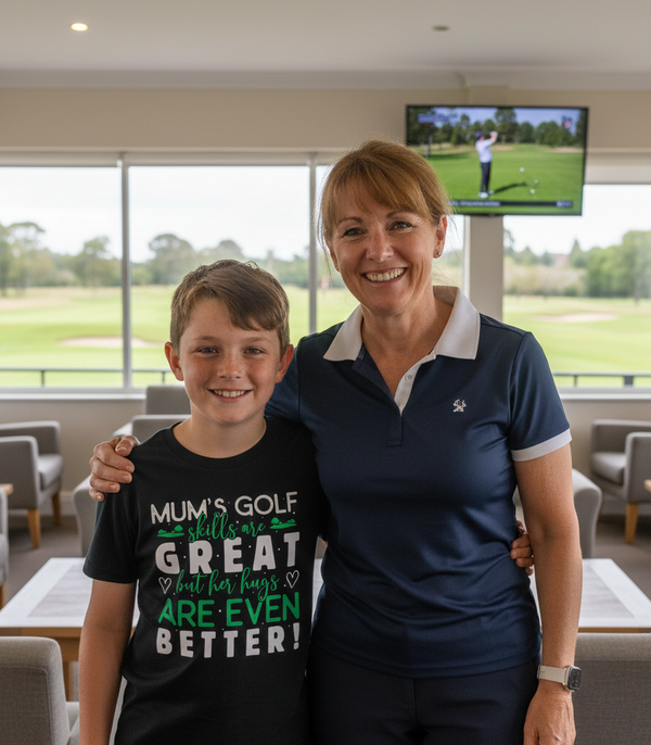 Woman and young boy standing together in a room with a golf simulator in the background. The boy is wearing a Cows Corner t-shirt with the funny and sweet golf saying on the front that reads 'Mums Golf Skills Are Great but Her Hugs Are Even Better'.  Cows Corner gifts are perfect for sport-mad fans, these gifts work brilliantly for birthdays, new baby celebrations, Father’s Day, Mother’s Day, Christmas, anniversaries, thank you gifts, end-of-season team awards, graduations, retirements, and just-because