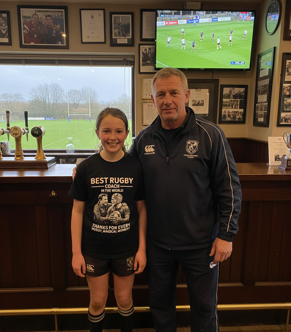 Two people standing in a bar with a television showing a rugby match in the background. The girl is wearing a Cows Corner T-shirt with the Rugby slogan on the front that reads 'Best Rugby Coach in the World. Thanks for Every Muddy, Magical Moment'. Cows Corner gifts are perfect for sport-mad fans, these gifts work brilliantly for birthdays, new baby celebrations, Father’s Day, Mother’s Day, Christmas, anniversaries, thank you gifts, end-of-season team awards, graduations, retirements, and just-because momen