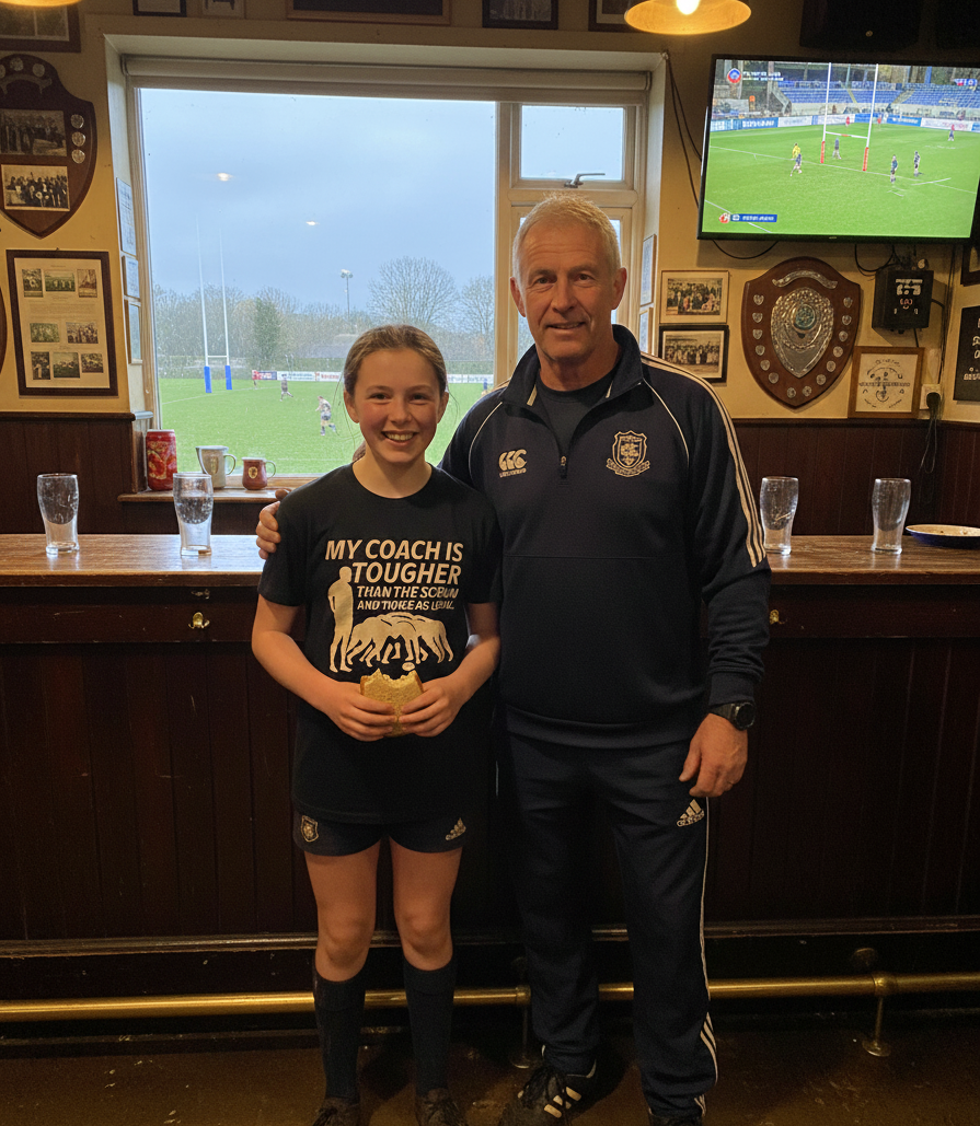 Person holding a trophy with an older individual in a sports bar setting. The girl is wearing a Cows Corner t-shirt with the rugby coach slogan on the front that reads 'My Coach Is Tougher Than the Scrum and Twice As Loyal'. Cows Corner gifts are perfect for sport-mad fans, these gifts work brilliantly for birthdays, new baby celebrations, Father’s Day, Mother’s Day, Christmas, anniversaries, thank you gifts, end-of-season team awards, graduations, retirements, and just-because moments 