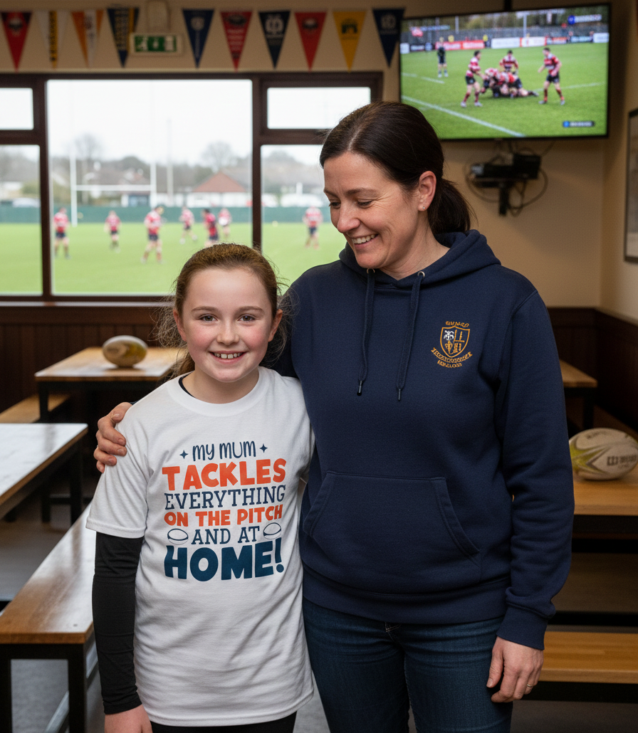 Woman and young girl standing together in a sports-themed room with a TV showing a rugby match. Girl wearing Cows Corner t-shirt with the funny and sweet rugby slogan that reads 'My Mum Tackles Everything on the Pitch and at Home!' . Cows Corner gifts are perfect for sport-mad fans, these gifts work brilliantly for birthdays, new baby celebrations, Father’s Day, Mother’s Day, Christmas, anniversaries, thank you gifts, end-of-season team awards, graduations, retirements, and just-because moments 