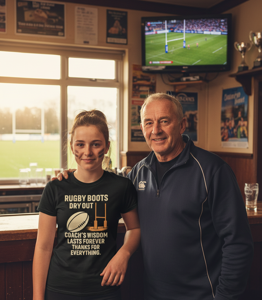 Two people standing together in a pub with a television showing a rugby match in the background. The girl is wearing a Cows Corner t-shirt with the rugby coach slogan on the front that reads 'Rugby Boots Dry Out Coach’s Wisdom Last Forever, Thanks for Everything'. Cows Corner gifts are perfect for sport-mad fans, these gifts work brilliantly for birthdays, new baby celebrations, Father’s Day, Mother’s Day, Christmas, anniversaries, thank you gifts, end-of-season team awards, graduations, retirements