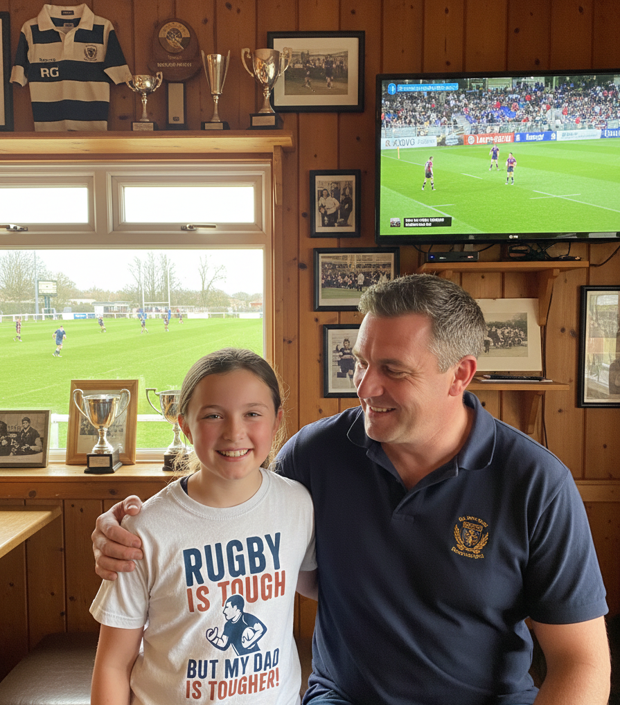 Man and young girl in a room with sports memorabilia and a TV showing a rugby match.  The girl is wearing a Cows Corner t-shirt with the funny rugby slogan on the front that reads 'Rugby Is Tough but My Dad Is Tougher!'  Cows Corner gifts are perfect for sport-mad fans, these gifts work brilliantly for birthdays, new baby celebrations, Father’s Day, Mother’s Day, Christmas, anniversaries, thank you gifts, end-of-season team awards, graduations, retirements, and just-because moments 