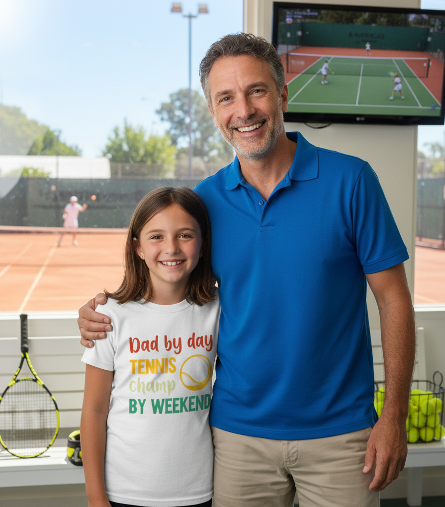 Man and girl in a tennis-themed room with a TV showing a tennis match.  The boy is wearing a Cows Corner T-shirt with the funny and sweet tennis slogan on the front that reads 'Dad By Day, Tennis Champ By Weekend'. Cows Corner gifts are perfect for sport-mad fans, these gifts work brilliantly for birthdays, new baby celebrations, Father’s Day, Mother’s Day, Christmas, anniversaries, thank you gifts, end-of-season team awards, graduations, retirements, and just-because moments when you want to raise a smile