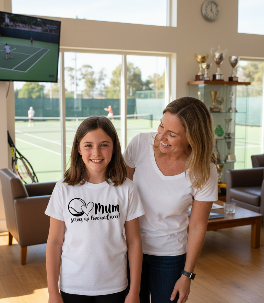Woman and young girl standing in a living room with a tennis court view, both wearing white t-shirts.  The girl is wearing a Cows Corner T-shirt with the funny and sweet tennis saying on the front that reads 'Mum Serves Up Love and Aces'. Cows Corner gifts are perfect for sport-mad fans, these gifts work brilliantly for birthdays, new baby celebrations, Father’s Day, Mother’s Day, Christmas, anniversaries, thank you gifts, end-of-season team awards, graduations, retirements, and just-because moments 