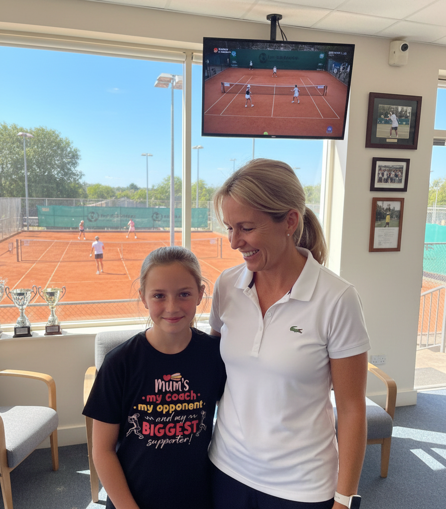 Woman and young girl standing in a room with a tennis court view, watching a tennis match on a screen.  The girl is wearing a Cows Corner T-shirt with the funny and sweet tennis slogan on the front that reads 'Mums My Coach, My Opponent and My Biggest Supporter'.  Cows Corner gifts are perfect for sport-mad fans, these gifts work brilliantly for birthdays, new baby celebrations, Father’s Day, Mother’s Day, Christmas, anniversaries, thank you gifts, end-of-season team awards, graduations, retirements