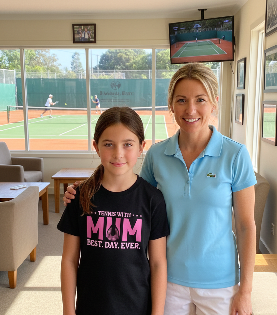 Woman and young girl standing together in a room with a tennis court view.  The girl is wearing a Cows Corner T-shirt with the funny and sweet tennis slogan on the front that reads 'Tennis with Mums. Best. Day. Ever!'.  Cows Corner gifts are perfect for sport-mad fans, these gifts work brilliantly for birthdays, new baby celebrations, Father’s Day, Mother’s Day, Christmas, anniversaries, thank you gifts, end-of-season team awards, graduations, retirements, and just-because moments 
