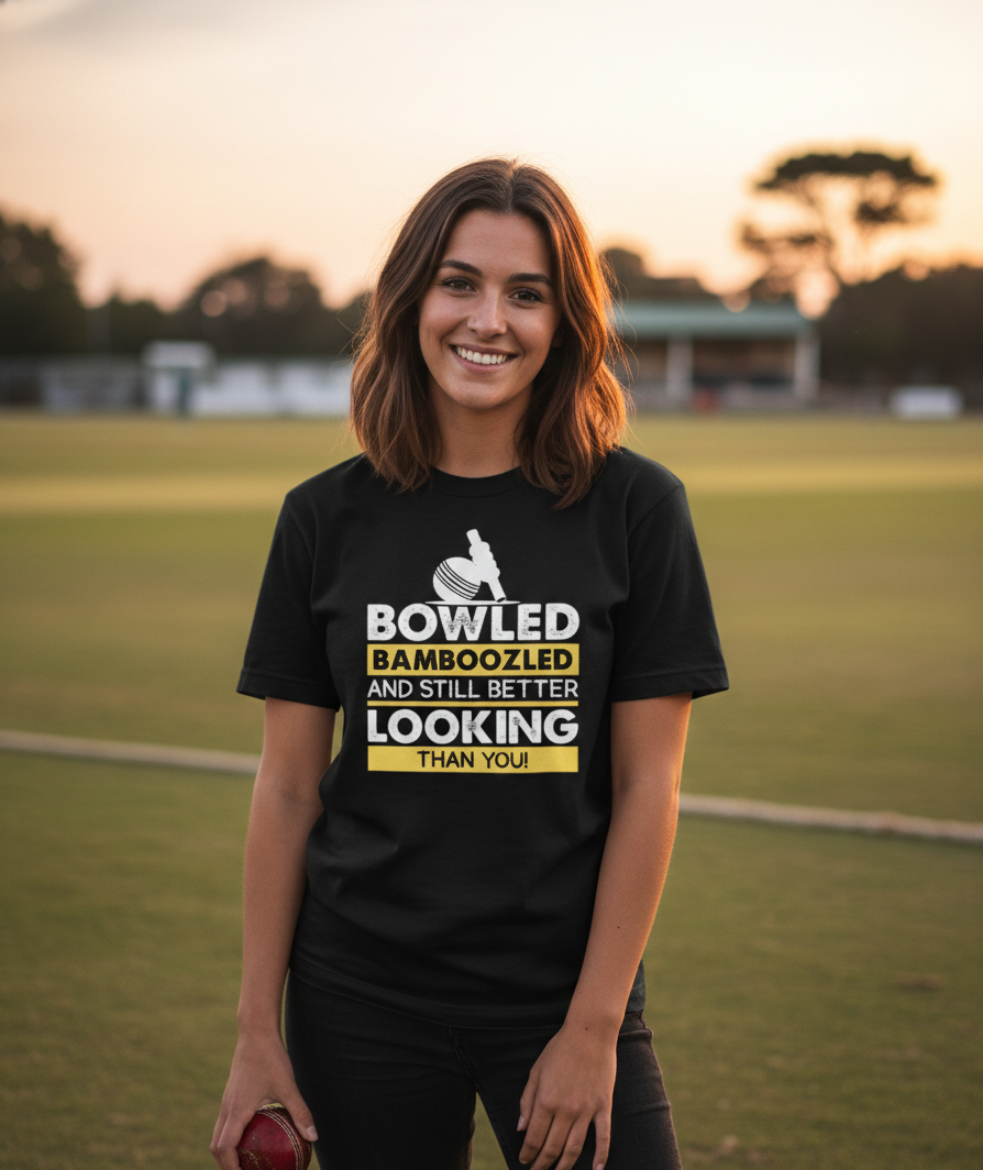 Woman wearing a black t-shirt with humorous text on a sports field. The lady is wearing a Cows Corner t-shirt with the funny cricket slogan 'Bowled & Bamboozled and still looking better than you'. Cows Corner gifts are perfect for sport-mad fans, these gifts work brilliantly for birthdays, new baby celebrations, Father’s Day, Mother’s Day, Christmas, anniversaries, thank you gifts, end-of-season team awards, graduations, retirements, and just-because moments when you want to raise a smile. 
