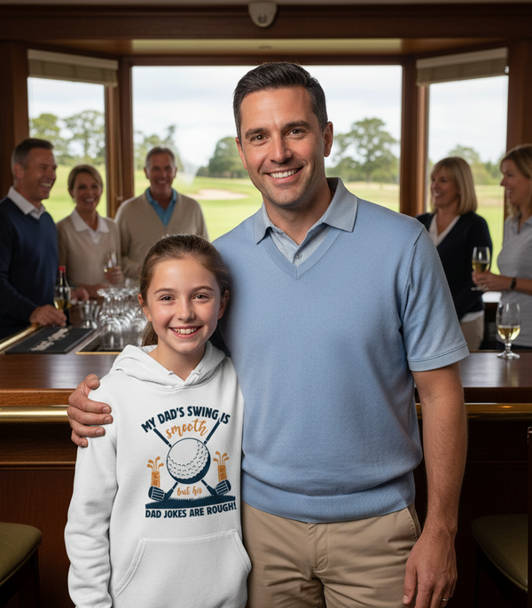 Man and young girl posing together in a golf club setting. The girl is wearing a Cows Corner hoodie with a funny golf slogan 'My Dad’s Swing Is Smooth but His Dad Jokes Are Rough!'. Cows Corner gifts are perfect for sport-mad fans, these gifts work brilliantly for birthdays, new baby celebrations, Father’s Day, Mother’s Day, Christmas, anniversaries, thank you gifts, end-of-season team awards, graduations, retirements, and just-because moments when you want to raise a smile. 
