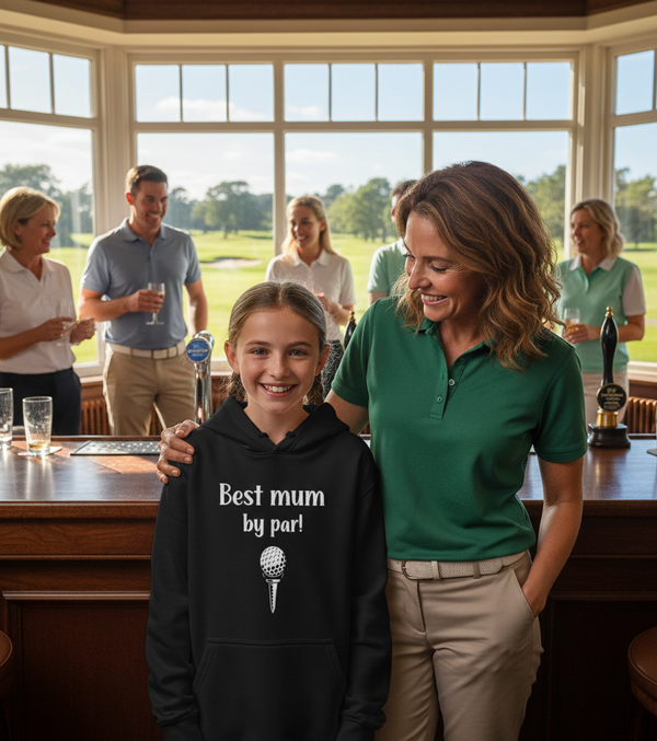 Woman and young girl in a golf clubhouse wearing a Cows Corner hoodie with the funny golf slogan 'Best Mum by Par'. Cows Corner gifts are perfect for sport-mad fans, these gifts work brilliantly for birthdays, new baby celebrations, Father’s Day, Mother’s Day, Christmas, anniversaries, thank you gifts, end-of-season team awards, graduations, retirements, and just-because moments when you want to raise a smile. 
