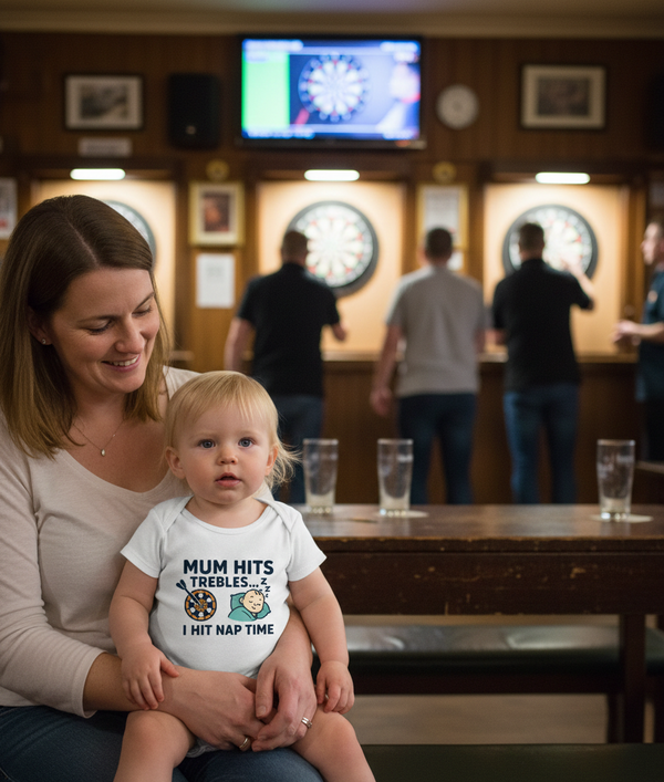 Woman holding a child in a pub setting with dartboards and people in the background. The child is wearing a Cows Corner baby grow with the funny darts slogan 'Mum Hits Trebles… I Hit Nap Time'.  Cows Corner gifts are perfect for sport-mad fans, these gifts work brilliantly for birthdays, new baby celebrations, Father’s Day, Mother’s Day, Christmas, anniversaries, thank you gifts, end-of-season team awards, graduations, retirements, and just-because moments when you want to raise a smile. 
