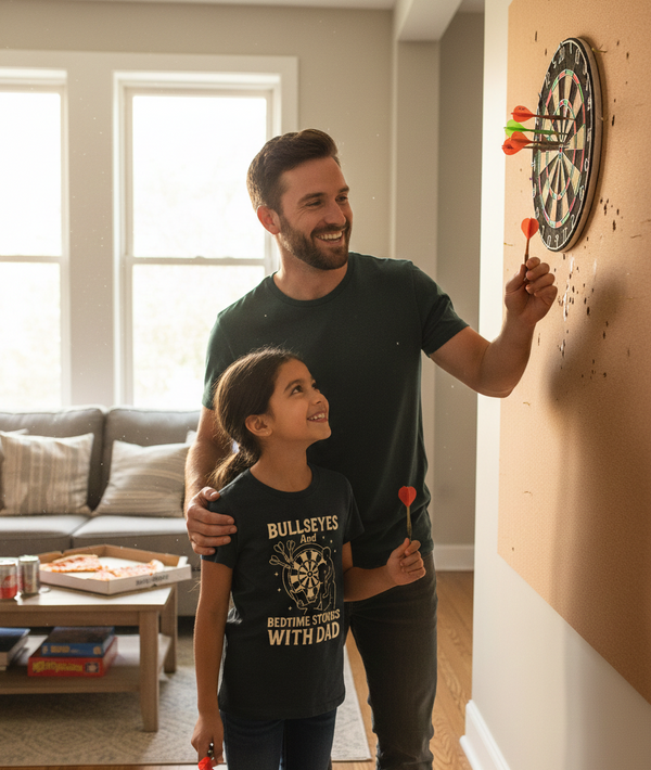 Man and young girl playing darts together in a living room.  The girl is wearing a Cows Corner t-shirt with the funny darts slogan on the front that reads 'Bullseyes And Bedtime Stories With Dad'.  Cows Corner gifts are perfect for sport-mad fans, these gifts work brilliantly for birthdays, new baby celebrations, Father’s Day, Mother’s Day, Christmas, anniversaries, thank you gifts, end-of-season team awards, graduations, retirements, and just-because moments when you want to raise a smile. 
