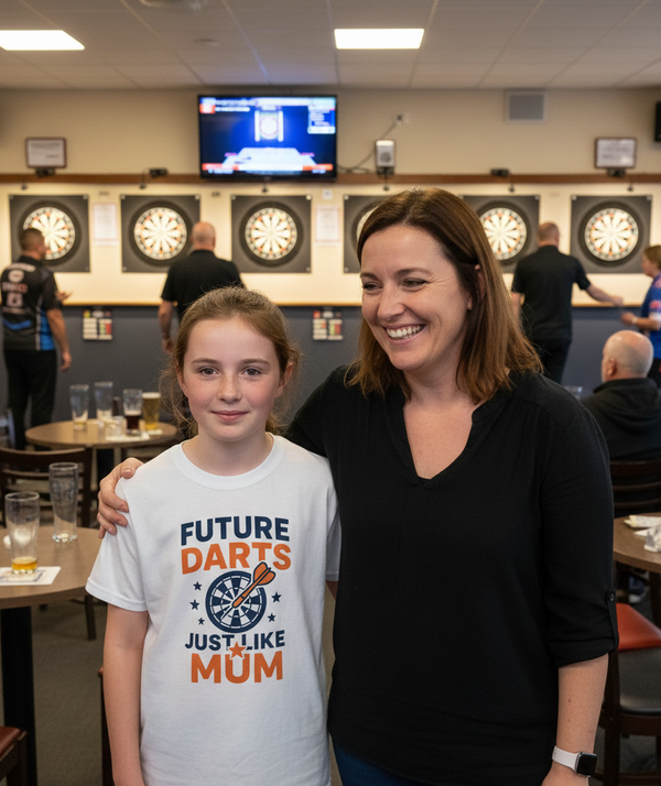 Woman and young girl standing together in a darts room with dartboards on the wall.  The girl is wearing a Cows Corner t-shirt with the funny darts slogan that reads 'Future Darts Star Just Like Mum'.  Cows Corner gifts are perfect for sport-mad fans, these gifts work brilliantly for birthdays, new baby celebrations, Father’s Day, Mother’s Day, Christmas, anniversaries, thank you gifts, end-of-season team awards, graduations, retirements, and just-because moments when you want to raise a smile. 
