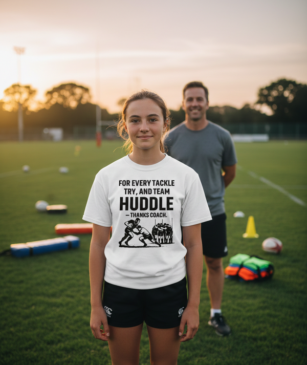 Person wearing a white t-shirt with a sports-themed design on a sports field. The girl is wearing a Cows Corner t-shirt with the funny rugby slogan 'For Every Tackle, Try and Team Huddle – Thanks Coach'. Cows Corner gifts are perfect for sport-mad fans, these gifts work brilliantly for birthdays, new baby celebrations, Father’s Day, Mother’s Day, Christmas, anniversaries, thank you gifts, end-of-season team awards, graduations, retirements, and just-because moments when you want to raise a smile. 
