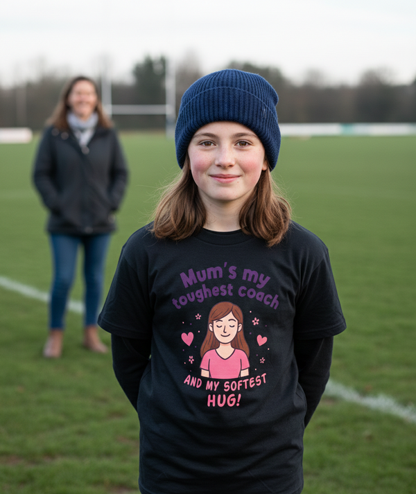 Girl wearing a black t-shirt with a graphic and text on a sports field. The girl is wearing a Cows Corner t-shirt with the funny Rugby slogan 'Mum’s My Toughest Coach and My Softest Hug!' Cows Corner gifts are perfect for sport-mad fans, these gifts work brilliantly for birthdays, new baby celebrations, Father’s Day, Mother’s Day, Christmas, anniversaries, thank you gifts, end-of-season team awards, graduations, retirements, and just-because moments when you want to raise a smile. 
