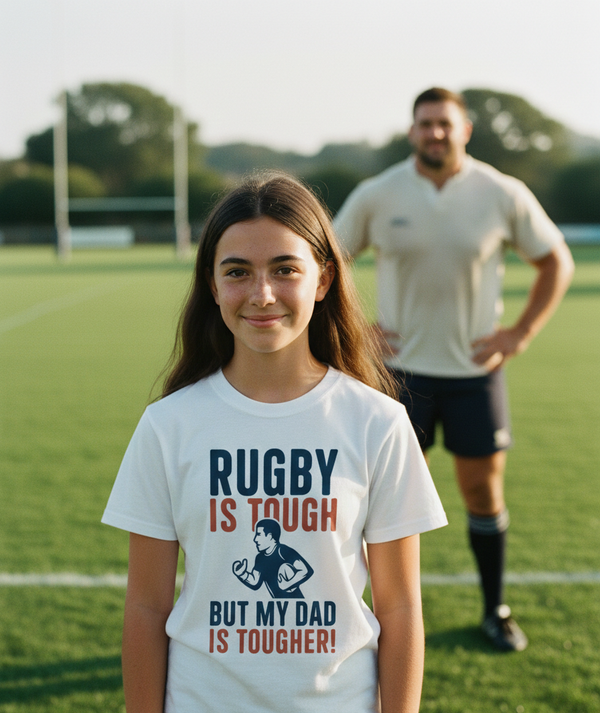 Girl wearing a t-shirt with 'Rugby is tough but my dad is tougher!' on a sports field with a man in the background. The girl is wearing a Cows Corner t-shirt with a funny rugby slogan 'Rugby Is Tough, but My Dad Is Tougher!' Cows Corner gifts are perfect for sport-mad fans, these gifts work brilliantly for birthdays, new baby celebrations, Father’s Day, Mother’s Day, Christmas, anniversaries, thank you gifts, end-of-season team awards, graduations, retirements, and just-because moments 