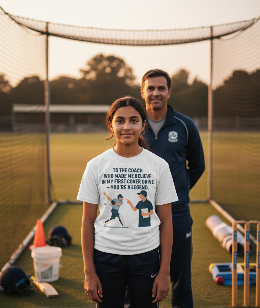 Girl wearing a t-shirt with a graphic and text, standing next to a man on a sports field. The girl is wearing a Cows Corner t-shirt with a funny cricket slogan 'To My Coach Who Made Me Believe in My First Cover Drive – You’re a Legend'. Cows Corner gifts are perfect for sport-mad fans, these gifts work brilliantly for birthdays, new baby celebrations, Father’s Day, Mother’s Day, Christmas, anniversaries, thank you gifts, end-of-season team awards, graduations, retirements, and just-because moments when you 
