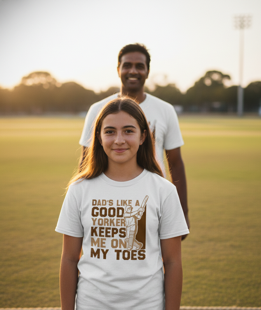 Two people standing on a grassy field with a girl wearing a t-shirt with a humorous graphic and text. The girl is wearing a Cows Corner t-shirt with the funny cricket slogan 'Dads Like A Good Yorker, Keeps Me On My Toes'. Cows Corner gifts are perfect for sport-mad fans, these gifts work brilliantly for birthdays, new baby celebrations, Father’s Day, Mother’s Day, Christmas, anniversaries, thank you gifts, end-of-season team awards, graduations, retirements, and just-because moments 