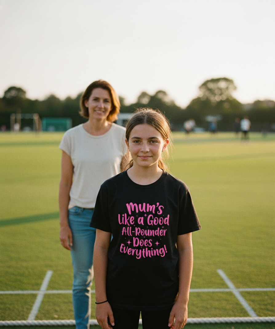Girl wearing a black t-shirt with pink text on a sports field with a woman in the background. The girl is wearing a Cows Corner t-shirt with the funny cricket slogan 'Mums Like A Good All-rounder, Does Everything'. Cows Corner gifts are perfect for sport-mad fans, these gifts work brilliantly for birthdays, new baby celebrations, Father’s Day, Mother’s Day, Christmas, anniversaries, thank you gifts, end-of-season team awards, graduations, retirements, and just-because moments when you want to raise a smile.
