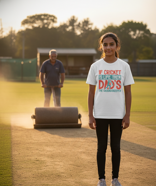 Person wearing a t-shirt with a humorous cricket-themed message on a sports field. The girl is wearing a Cows Corner t-shirt with the funny cricket slogan 'If Cricket Is Life, Then Dad's The Groundkeeper'. Cows Corner gifts are perfect for sport-mad fans, these gifts work brilliantly for birthdays, new baby celebrations, Father’s Day, Mother’s Day, Christmas, anniversaries, thank you gifts, end-of-season team awards, graduations, retirements, and just-because moments when you want to raise a smile. 
