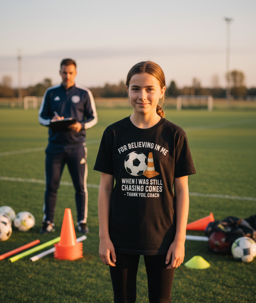 Young girl on a soccer field wearing a t-shirt with a motivational quote, with a coach in the background. The girl is wearing a Cows Corner t-shirt with the funny football slogan 'For Believing in Me When I Was Still Chasing Cones – Thank You, Coach'. Cows Corner gifts are perfect for sport-mad fans, these gifts work brilliantly for birthdays, new baby celebrations, Father’s Day, Mother’s Day, Christmas, anniversaries, thank you gifts, end-of-season team awards, graduations, retirements, and just-because