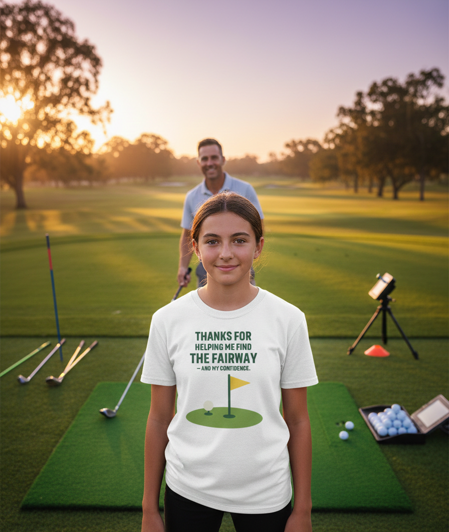 Person wearing a white t-shirt with a golf-themed message on a golf course. The girl is wearing a Cows Corner t-shirt with the funny golf slogan 'Thanks for Helping Me for the Fairway – and My Confidence'. Cows Corner gifts are perfect for sport-mad fans, these gifts work brilliantly for birthdays, new baby celebrations, Father’s Day, Mother’s Day, Christmas, anniversaries, thank you gifts, end-of-season team awards, graduations, retirements, and just-because moments when you want to raise a smile. 
