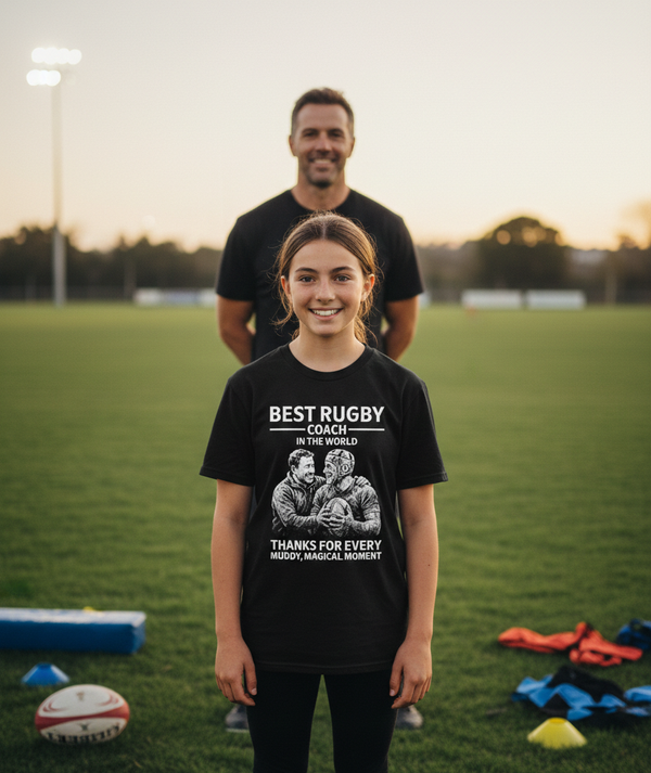 A girl wearing a Cows Corner t-shirt with the funny rugby slogan 'Best Rugby Coach in the World. Thanks for Every Muddy, Magical Moment'. Cows Corner gifts are perfect for sport-mad fans, these gifts work brilliantly for birthdays, new baby celebrations, Father’s Day, Mother’s Day, Christmas, anniversaries, thank you gifts, end-of-season team awards, graduations, retirements, and just-because moments when you want to raise a smile. 
