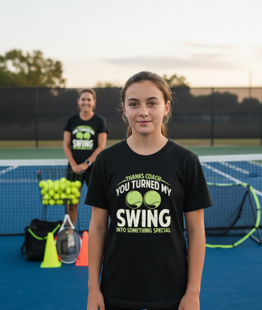 Girl wearing a black t-shirt on a tennis court with another person in the background. The girl is wearing a Cows Corner t-shirt with the funny golf slogan 'Thanks Coach You Turned My Swing Into Something Special'. Cows Corner gifts are perfect for sport-mad fans, these gifts work brilliantly for birthdays, new baby celebrations, Father’s Day, Mother’s Day, Christmas, anniversaries, thank you gifts, end-of-season team awards, graduations, retirements, and just-because moments when you want to raise a smile. 