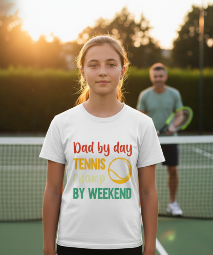 Girl wearing a white t-shirt with tennis-themed text on a tennis court. The girl is  wearing a Cows Corner t-shirt with the funny tennis slogan 'Dad By Day, Tennis Champ By Weekend'. Cows Corner gifts are perfect for sport-mad fans, these gifts work brilliantly for birthdays, new baby celebrations, Father’s Day, Mother’s Day, Christmas, anniversaries, thank you gifts, end-of-season team awards, graduations, retirements, and just-because moments when you want to raise a smile. 
