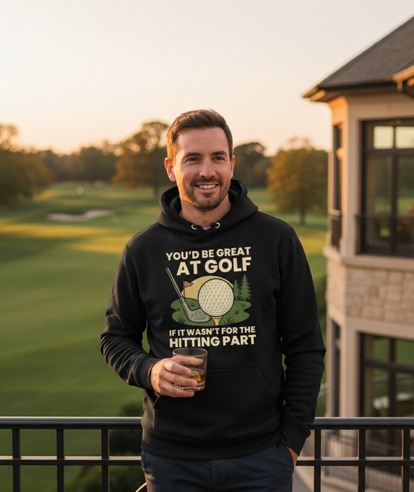 Man wearing a black hoodie with a humorous golf-themed graphic, standing on a golf course. The man is wearing a Cows Corner hoodie with a funny golf slogan 'You’d Be Great at Golf if It Wasn’t for the Hitting Part'. Cows Corner gifts are perfect for sport-mad fans, these gifts work brilliantly for birthdays, new baby celebrations, Father’s Day, Mother’s Day, Christmas, anniversaries, thank you gifts, end-of-season team awards, graduations, retirements, and just-because moments when you want to raise a smile