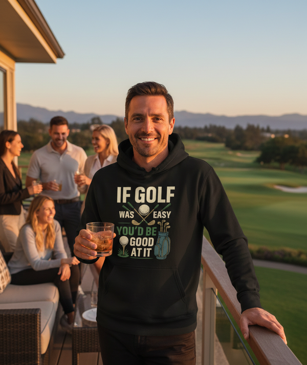 Man in a hoodie with a golf-themed message, holding a drink on a balcony overlooking a golf course. The man is wearing a Cows Corner hoodie with a funny golf slogan 'If Golf Was Easy You’d Be Good at It'. Cows Corner gifts are perfect for sport-mad fans, these gifts work brilliantly for birthdays, new baby celebrations, Father’s Day, Mother’s Day, Christmas, anniversaries, thank you gifts, end-of-season team awards, graduations, retirements, and just-because moments when you want to raise a smile. 
