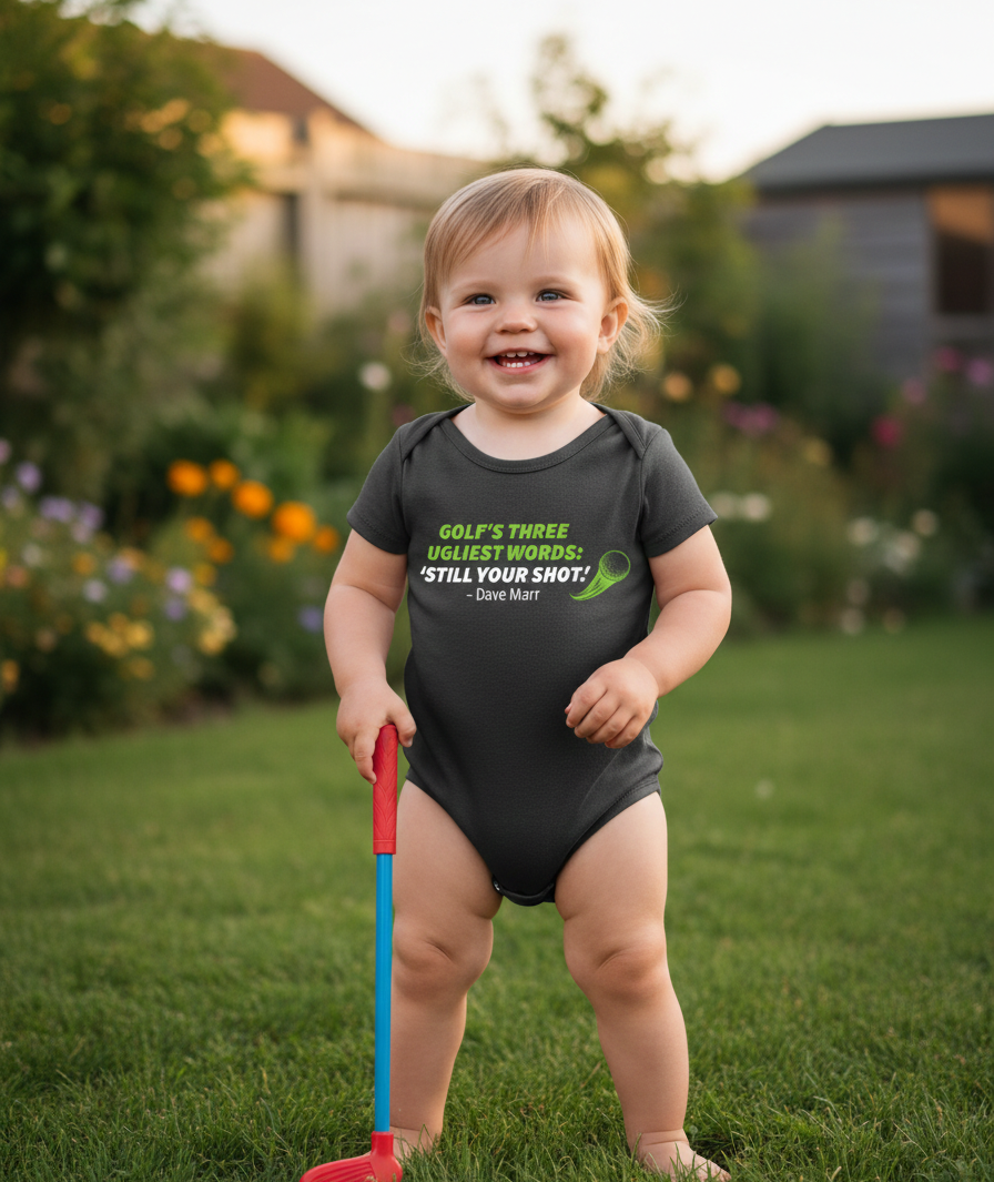 Child wearing a black onesie with text in a garden.  The baby is wearing a Cows Corner baby grow with a funny golf slogan 'Golf’s There Ugliest Words: ’Still Your Shot! – Dave Marr'. Cows Corner gifts are perfect for sport-mad fans, these gifts work brilliantly for birthdays, new baby celebrations, Father’s Day, Mother’s Day, Christmas, anniversaries, thank you gifts, end-of-season team awards, graduations, retirements, and just-because moments when you want to raise a smile. 
