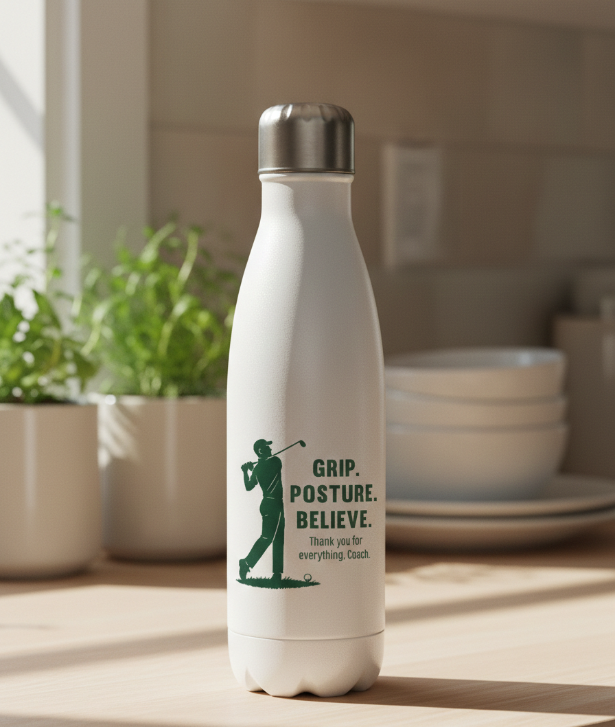 White water bottle with green text and design on a wooden surface. This is a Cows Corner water bottle with a funny golf slogan 'Grip, Posture, Believe. Thank You for Everything Coach'. Cows Corner gifts are perfect for sport-mad fans, these gifts work brilliantly for birthdays, new baby celebrations, Father’s Day, Mother’s Day, Christmas, anniversaries, thank you gifts, end-of-season team awards, graduations, retirements, and just-because moments when you want to raise a smile. 
