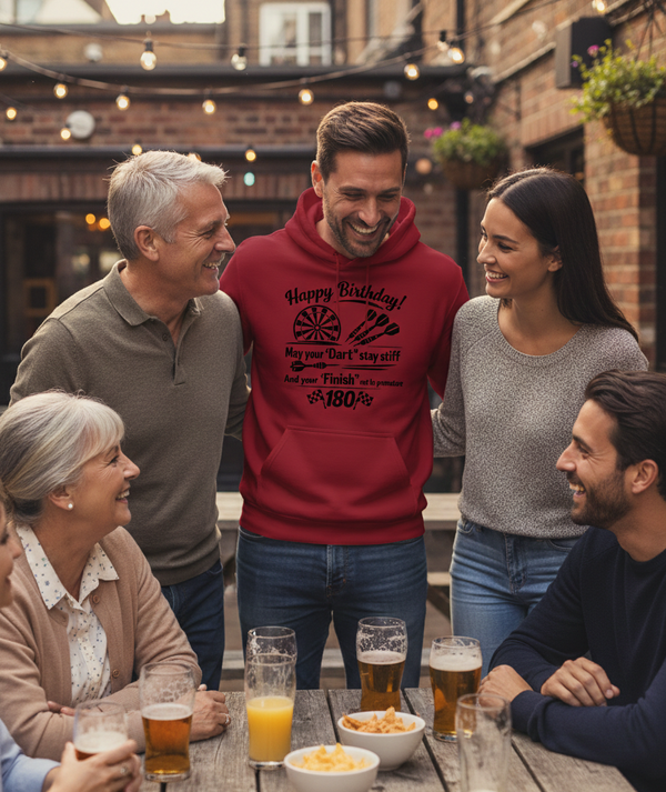 Happy Birthday! May Your 'dart' Stay Stiff and Your 'finish' Not Be Premature | Funny Darts Birthday Hoodie