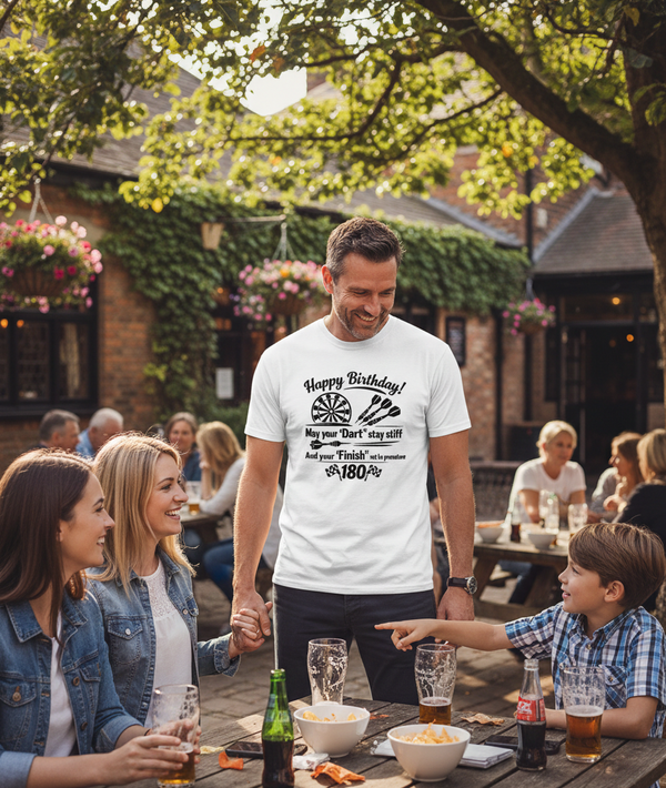 Happy Birthday! May Your 'dart' Stay Stiff and Your 'finish' Not Be Premature | Funny Darts Birthday T-shirt