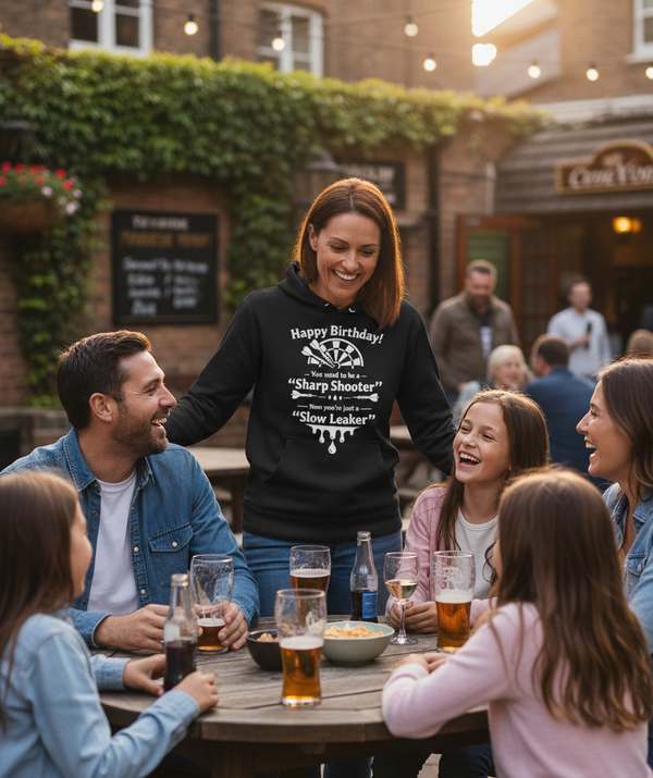 Happy Birthday! You Used to Be a 'sharp Shooter'. Now You’re Just a 'slow Leaker' | Funny Darts Birthday Hoodie