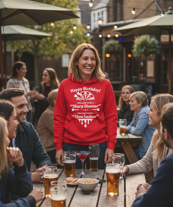 Happy Birthday! You Used to Be a 'sharp Shooter'. Now You’re Just a 'slow Leaker' | Funny Darts Birthday Hoodie