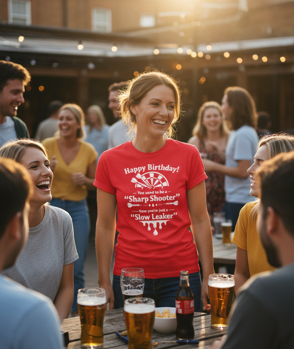 Happy Birthday! You Used to Be a 'sharp Shooter'. Now You’re Just a 'slow Leaker' | Funny Darts Birthday T-shirt