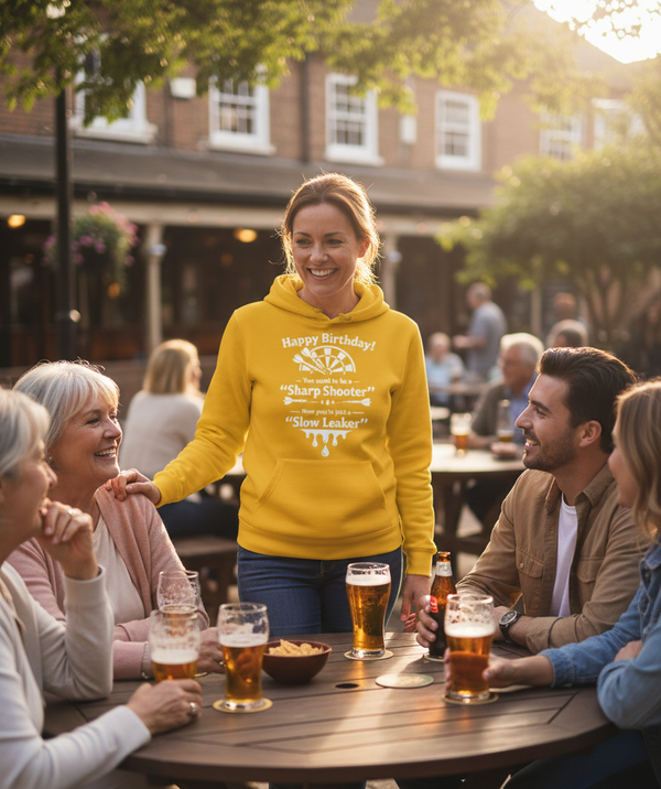 Happy Birthday! You Used to Be a 'sharp Shooter'. Now You’re Just a 'slow Leaker' | Funny Darts Birthday Hoodie