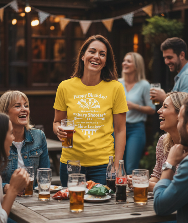 Happy Birthday! You Used to Be a 'sharp Shooter'. Now You’re Just a 'slow Leaker' | Funny Darts Birthday T-shirt