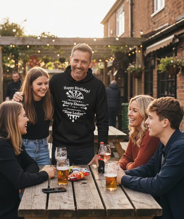 Happy Birthday! You Used to Be a 'sharp Shooter'. Now You’re Just a 'slow Leaker' | Funny Darts Birthday Hoodie