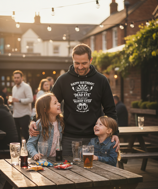 Happy Birthday! You Used to Be 'dead Eye'. Now You’re Just 'Glassy Eyed' After Two Half-pints | Funny Darts Birthday Hoodie