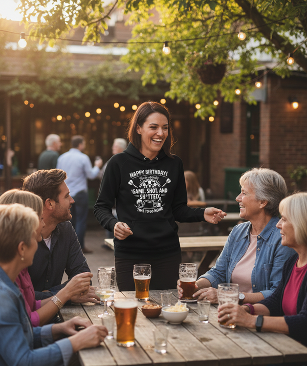 Happy Birthday! You’re Officially 'game, Shot, and Sh*tted'. Time to Go Home | Funny Darts Birthday Hoodie