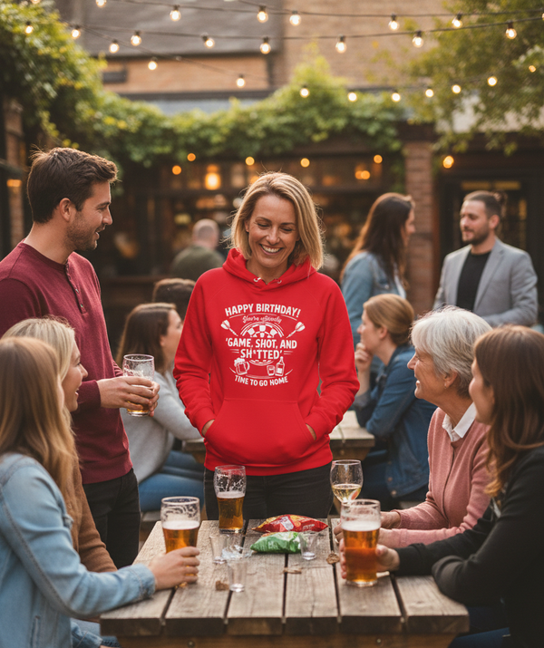 Happy Birthday! You’re Officially 'game, Shot, and Sh*tted'. Time to Go Home | Funny Darts Birthday Hoodie