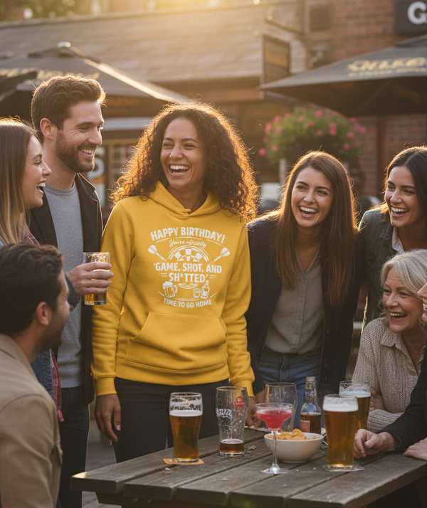 Happy Birthday! You’re Officially 'game, Shot, and Sh*tted'. Time to Go Home | Funny Darts Birthday Hoodie