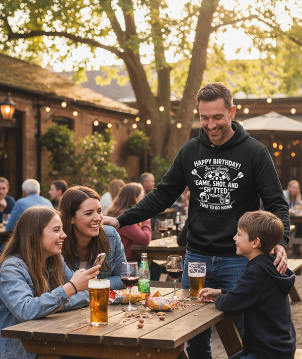 Happy Birthday! You’re Officially 'game, Shot, and Sh*tted'. Time to Go Home | Funny Darts Birthday Hoodie